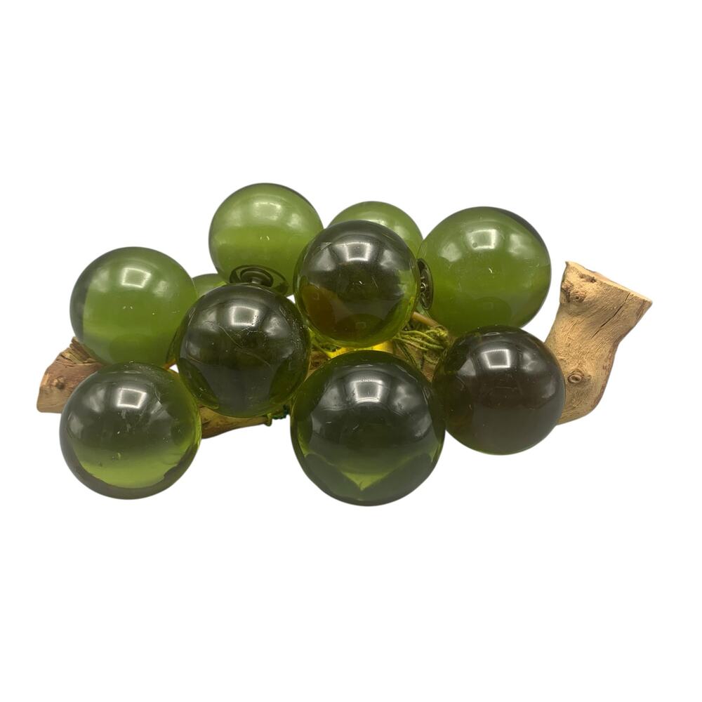 Avocado Green Acrylic Grapes 8" Driftwood Bunch Lucite 12 Cluster Vine Vintage